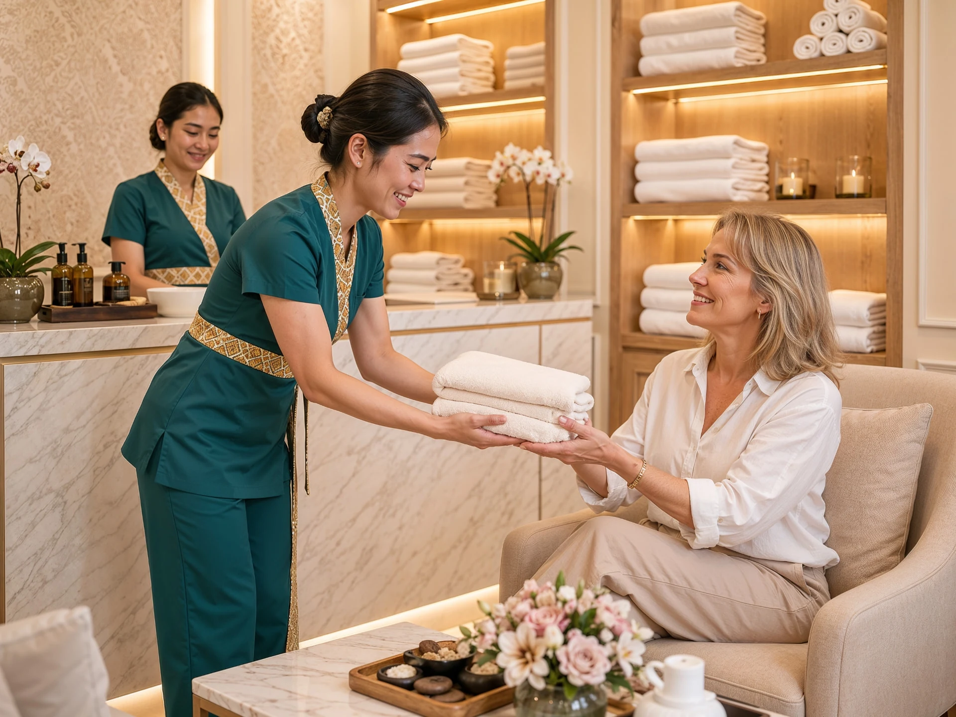 Therapist handing warm folded towels to a smiling guest at the spa reception lounge