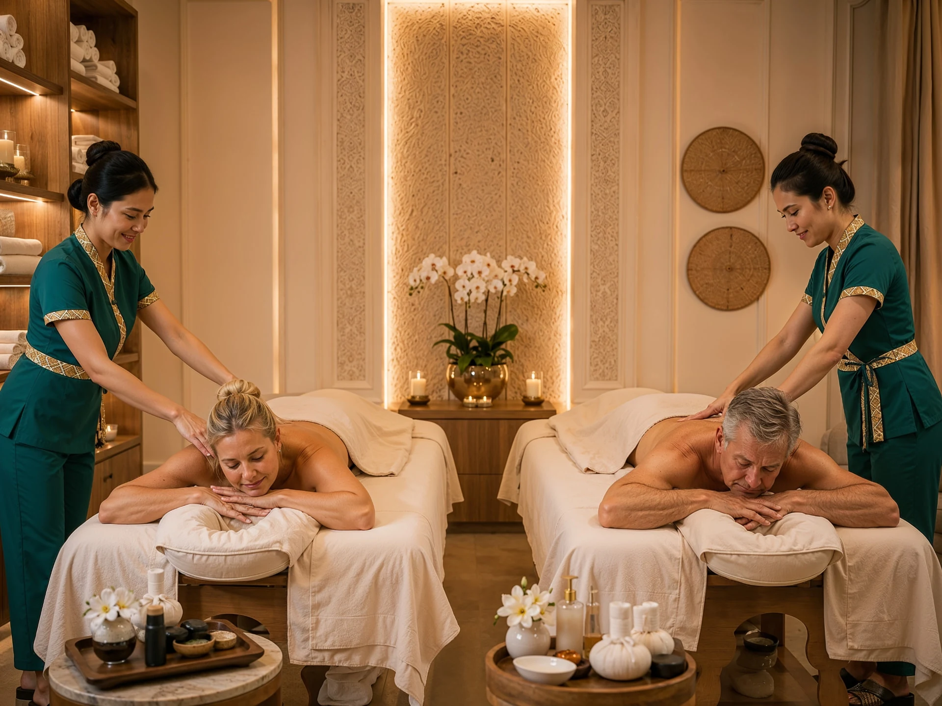 Two massage tables set side by side in a warm, softly lit treatment room