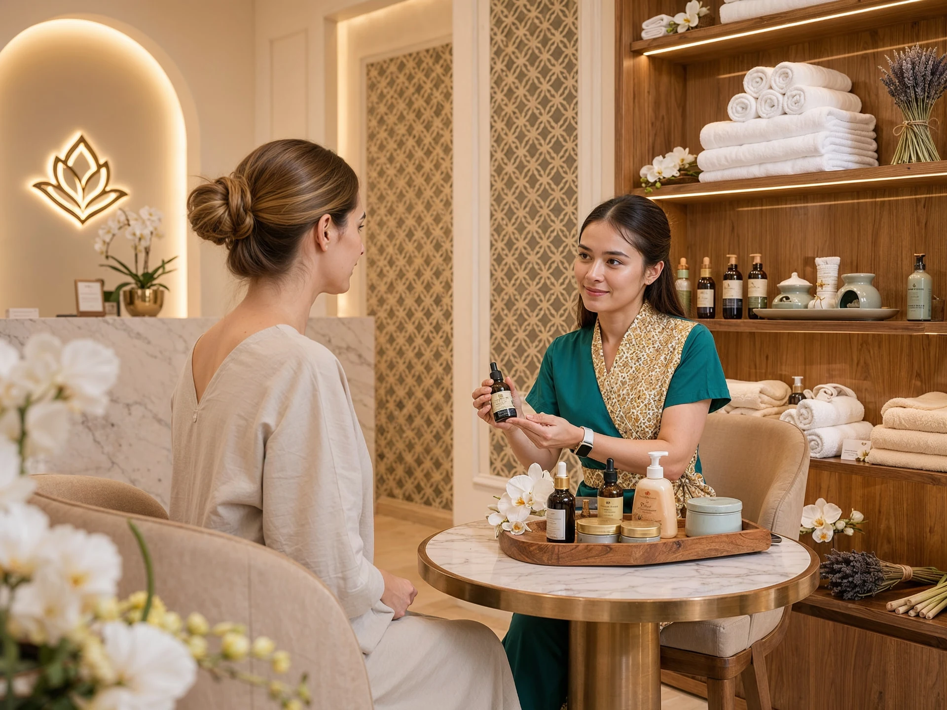 Therapist in teal and gold uniform showing spa oils to a guest in the NT Heaven On Earth product lounge