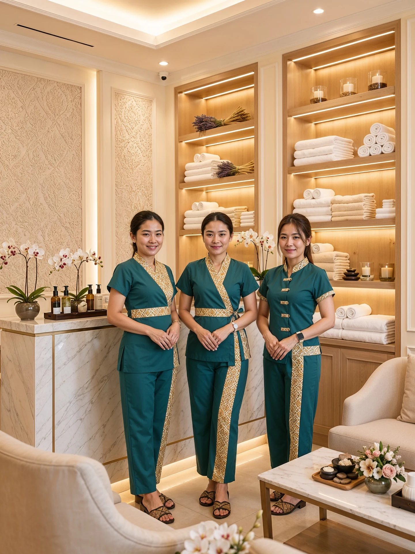 NT Heaven On Earth therapists in teal and gold uniforms in the spa reception