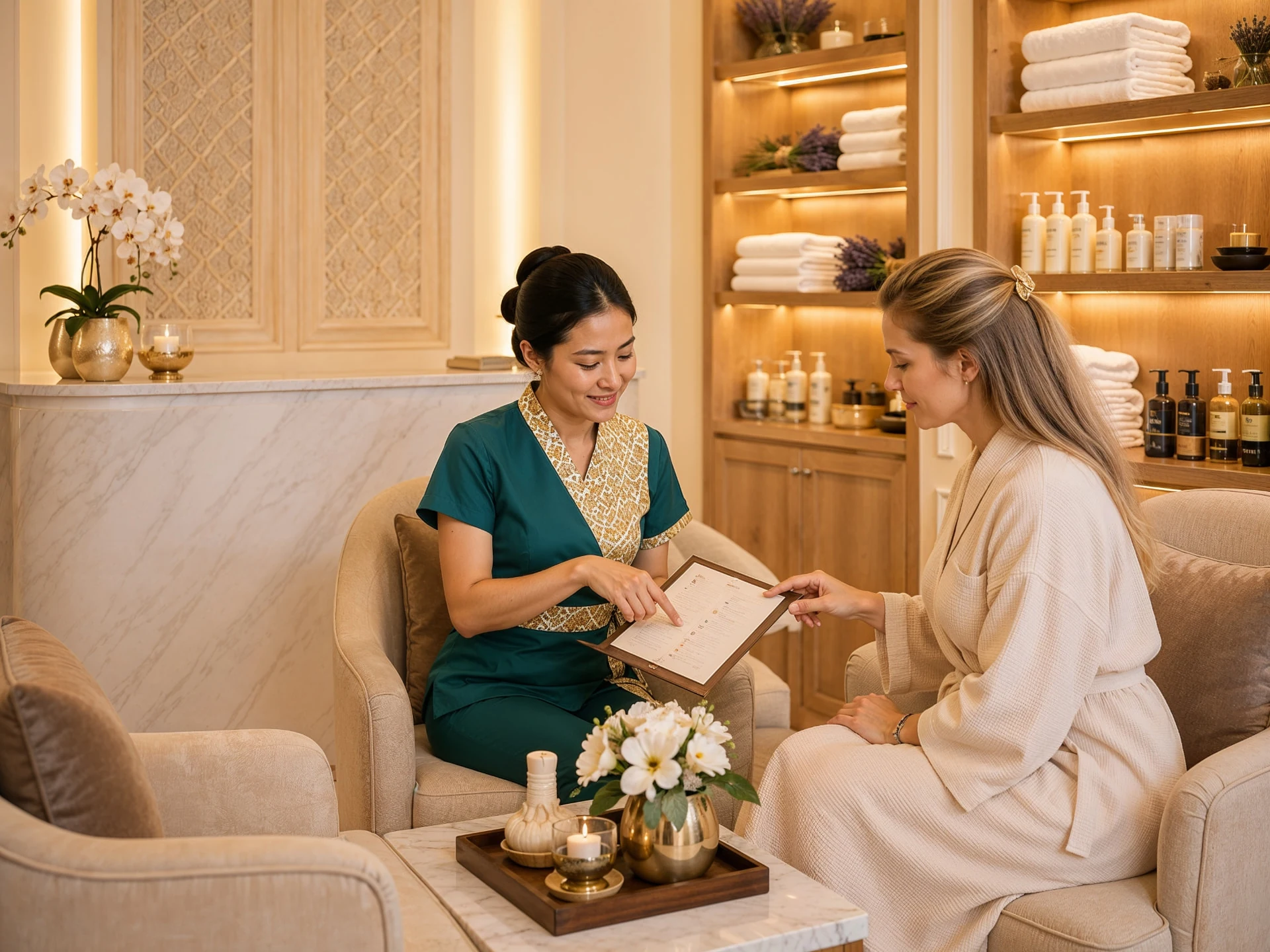Therapist in teal and gold uniform talking a robed guest through the full body massage menu at NT Heaven On Earth