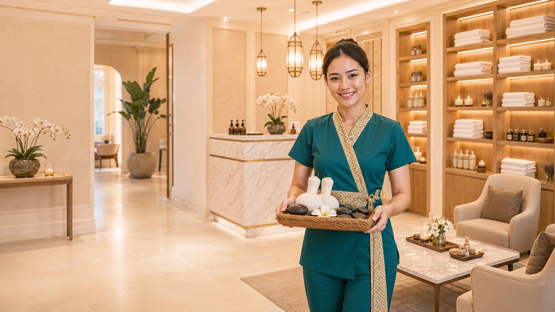 Therapist in a deep teal Thai-inspired uniform carrying a tray of herbal compresses in the warm ivory spa lounge