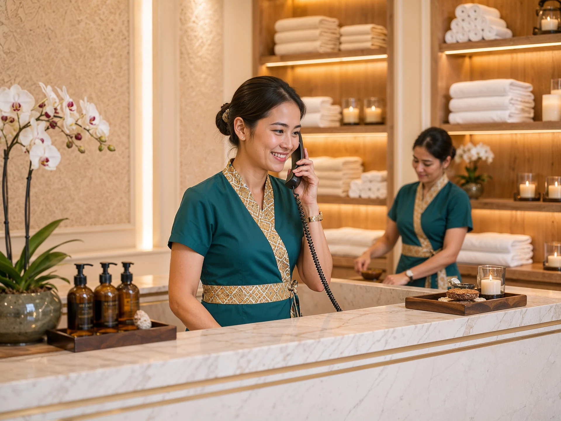 Professional therapists in deep teal uniforms with ivory and champagne-gold trim welcoming guests